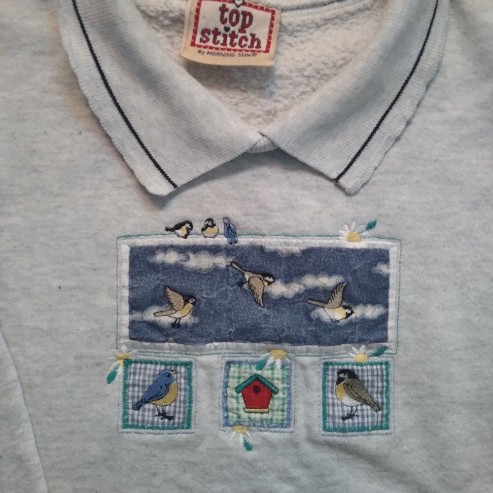 Vintage Morning Sun Birds Chickadee Sparrow Collared Sweatshirt